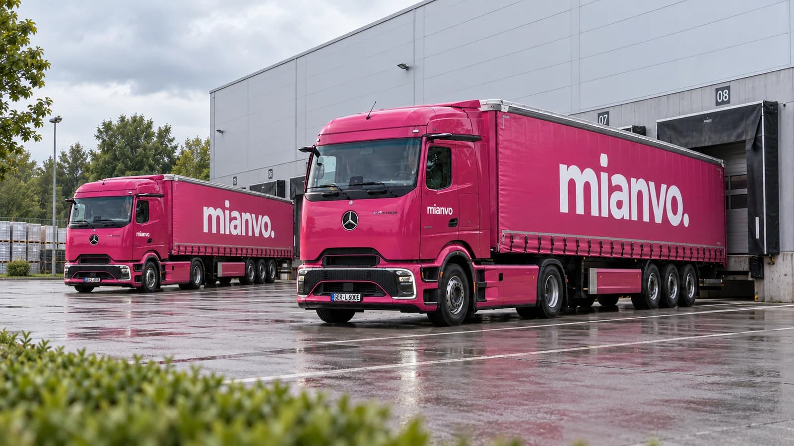 Zwei pinke mianvo eActros 600 mit mittig beschrifteten Planenaufliegern vor einer Lagerhalle