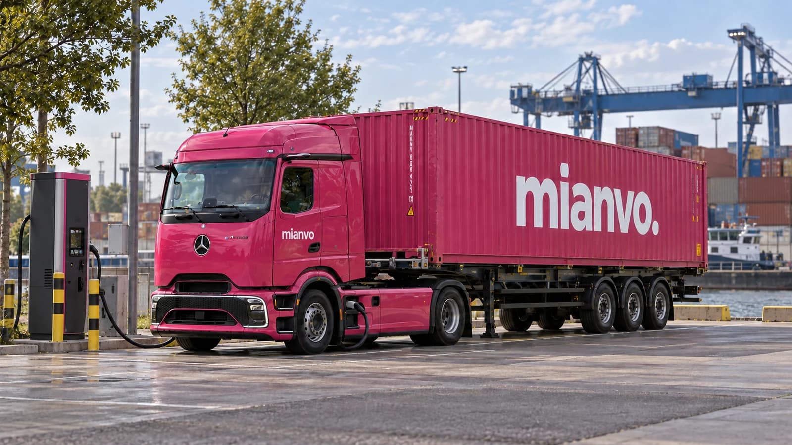 Pinker mianvo eActros 600 mit Container an einer Ladesäule am Terminal (KI-generierte Markenvisualisierung)