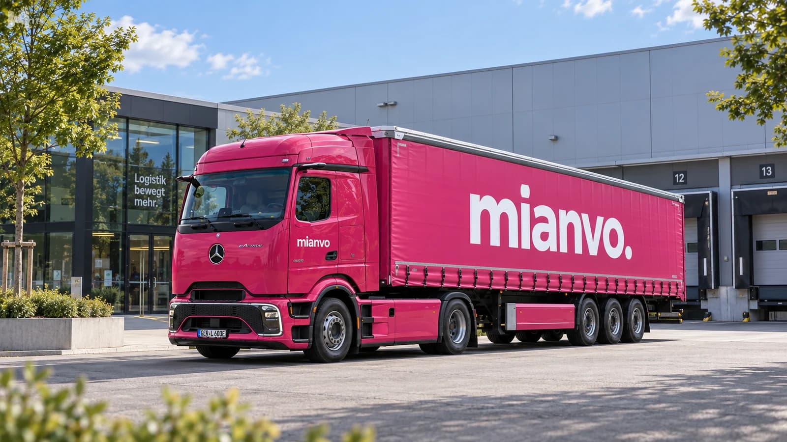 Pinker mianvo eActros 600 mit Planenauflieger vor einem modernen Logistikgebäude (KI-generierte Markenvisualisierung)