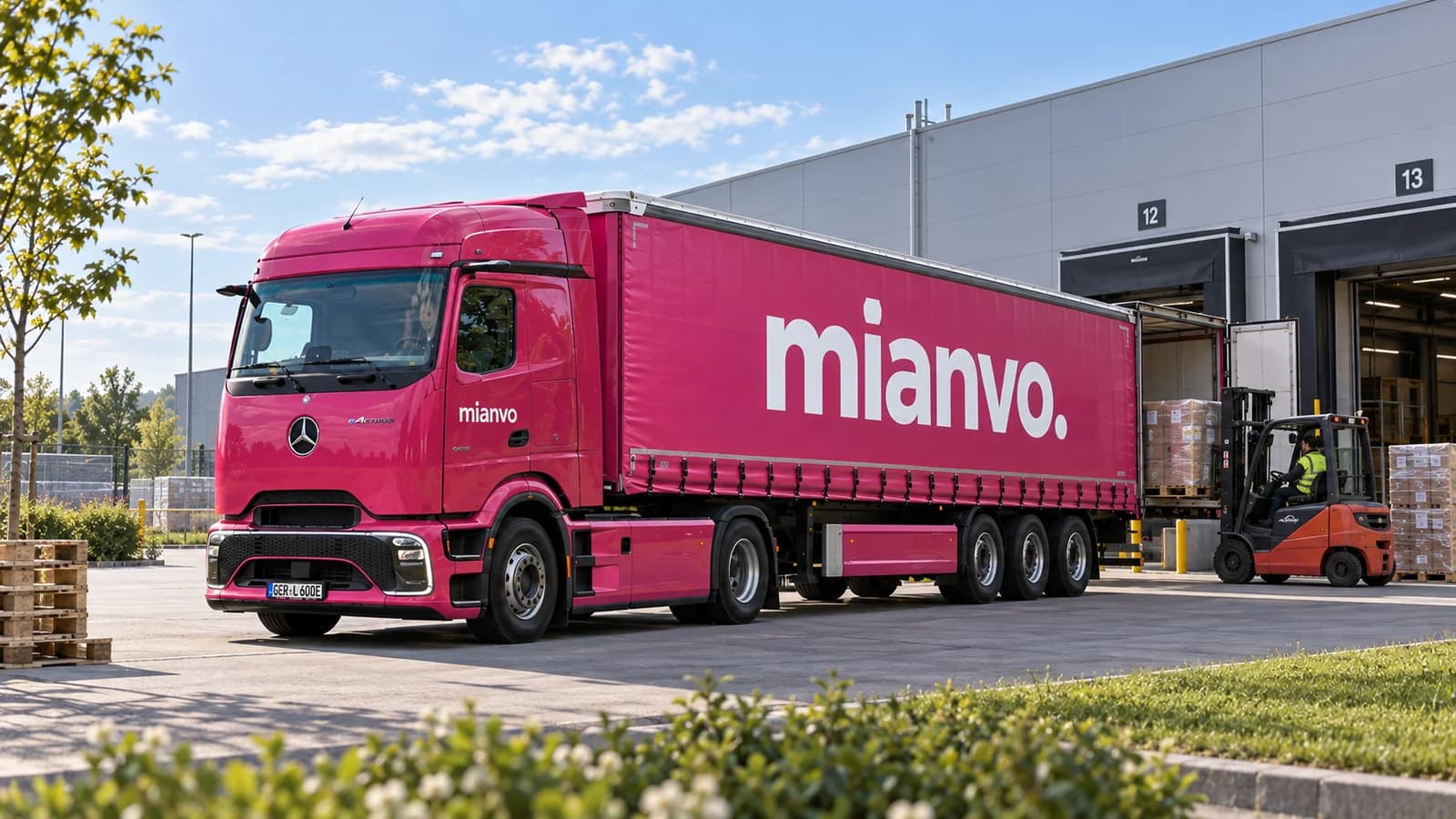 Pinker mianvo eActros 600 mit Planenauflieger und Palettenverladung am Logistikstandort